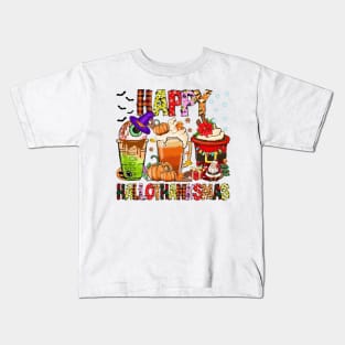 Coffee Halloween Thanksgiving Christmas Happy Hallothanksmas T-Shirt Kids T-Shirt